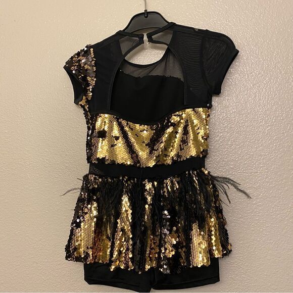 WEISSMAN Dance Costume black gold sequin feather Ruby Blue 13570 XLC child - Picture 3 of 9